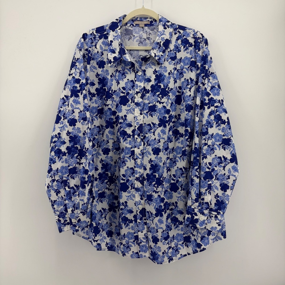 Woman Within Womens 1X Blue Floral Button Down Shirt Long Sleeve Cotton Blend